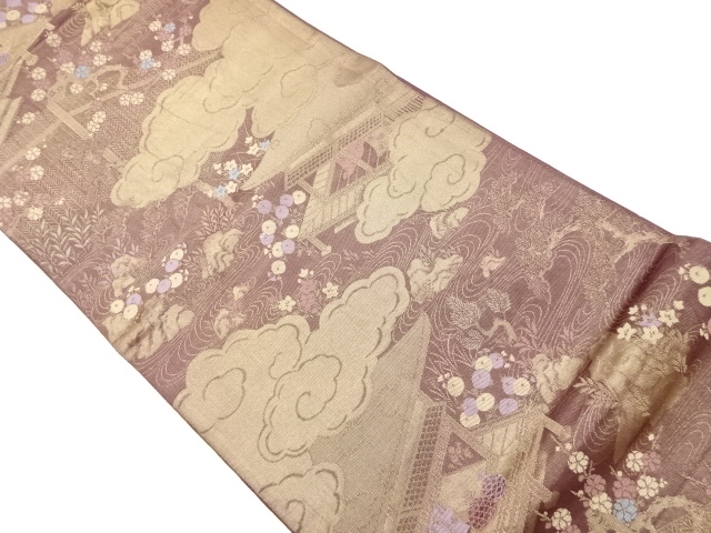 リサイクル　雲に草花・寺院風景模様織出し袋帯